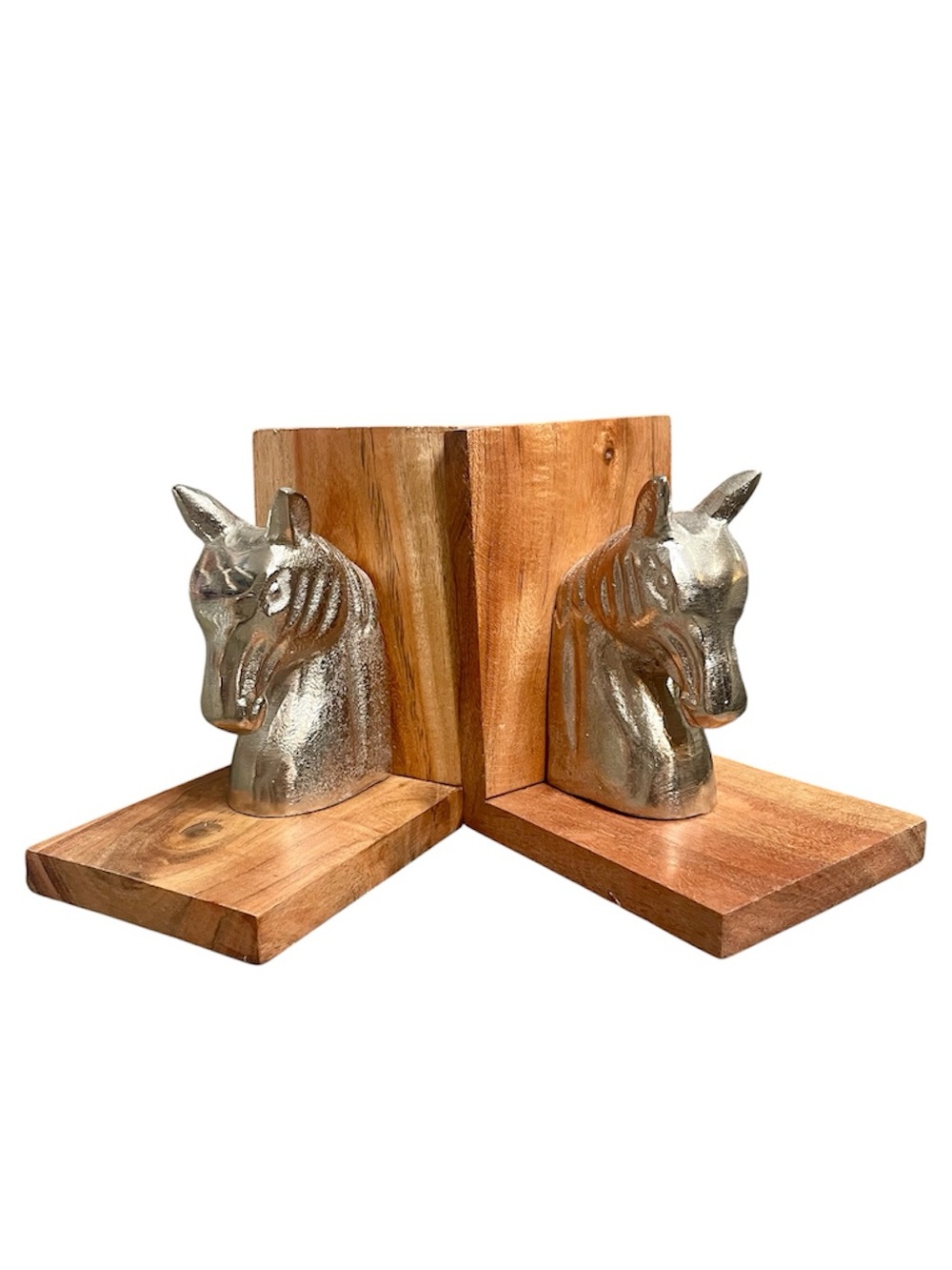 Silver Horse Head Wooden Bookends - Rustic Home Organization Accent Set of Two